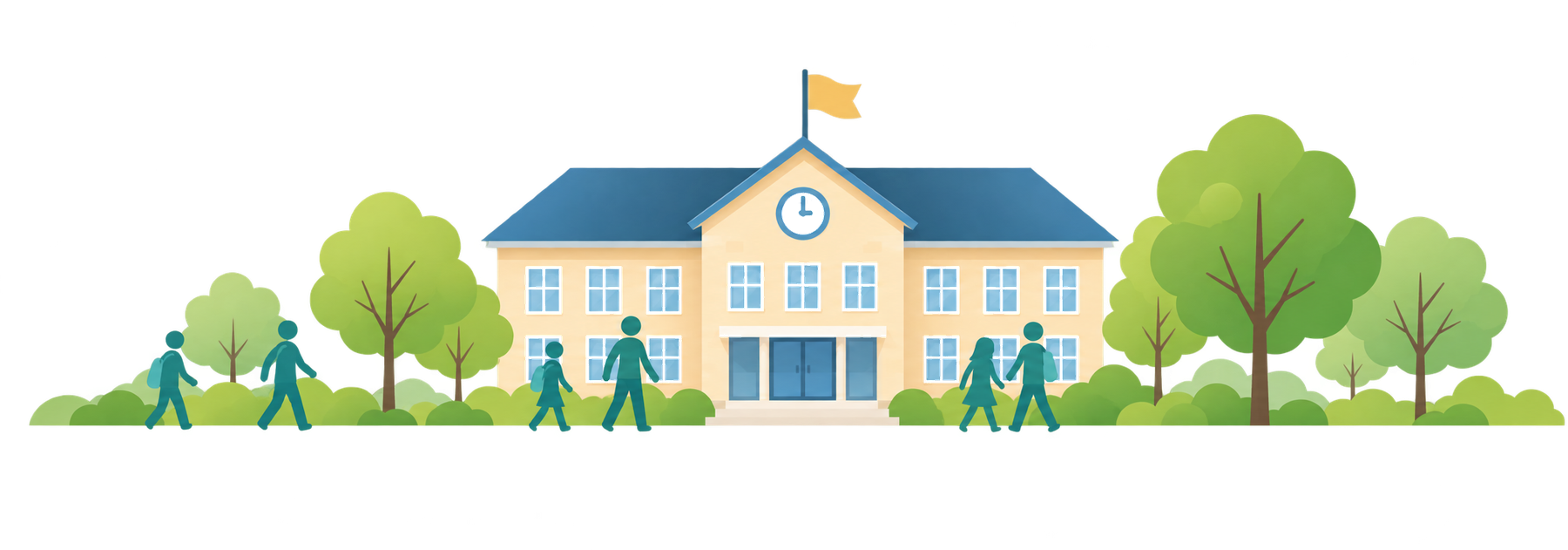 Illustration eines Schulhauses mit Fahne, umgeben von Bäumen; Kinder und Erwachsene gehen auf das Gebäude zu.